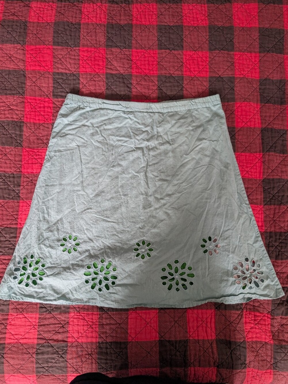 Boden Light Gray A-Line Skirt with Green Floral Cutouts